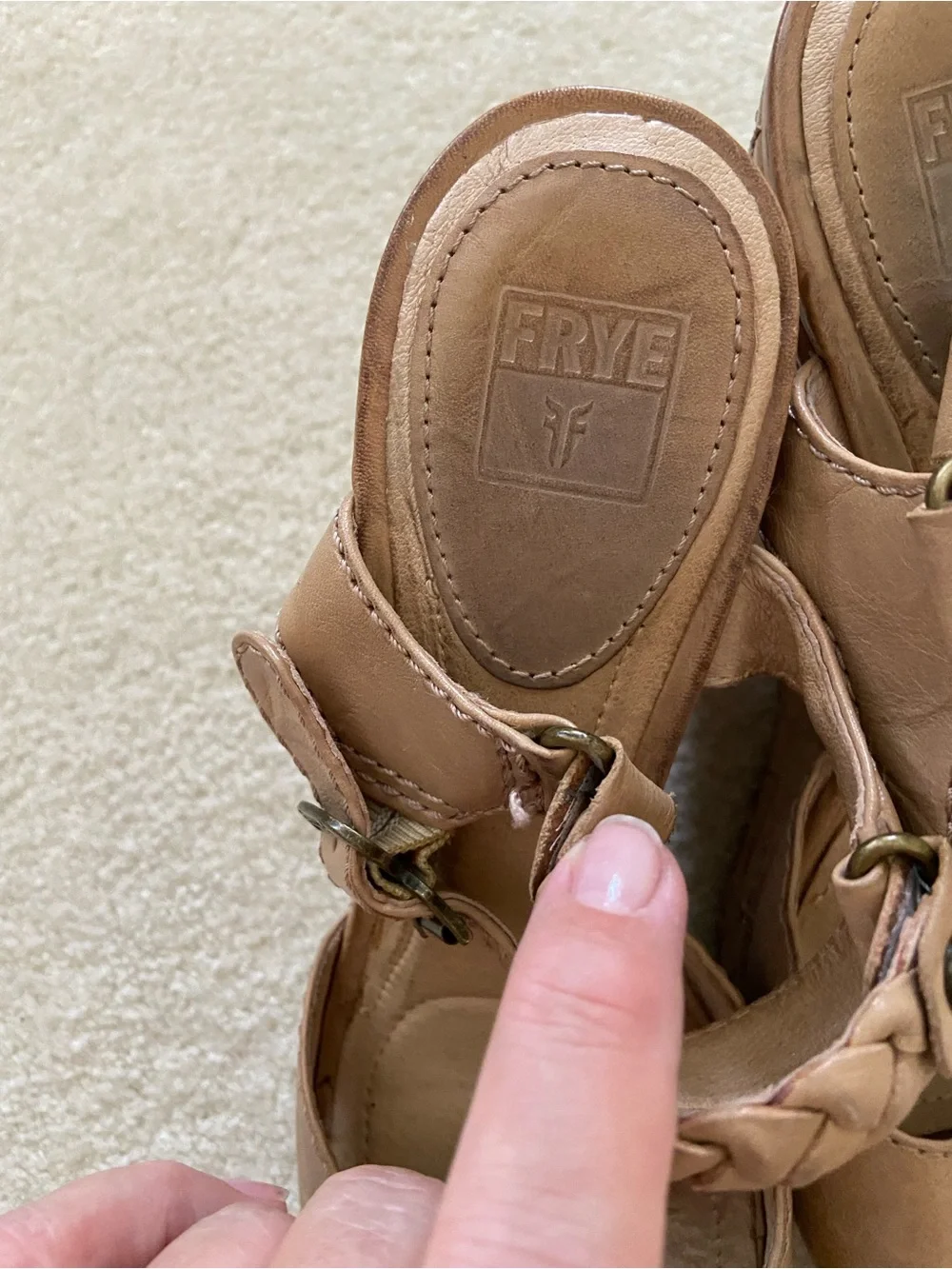 Frye Corrina Quilted Tan Leather Braided-Ankle Wedge Sandals size 8.5